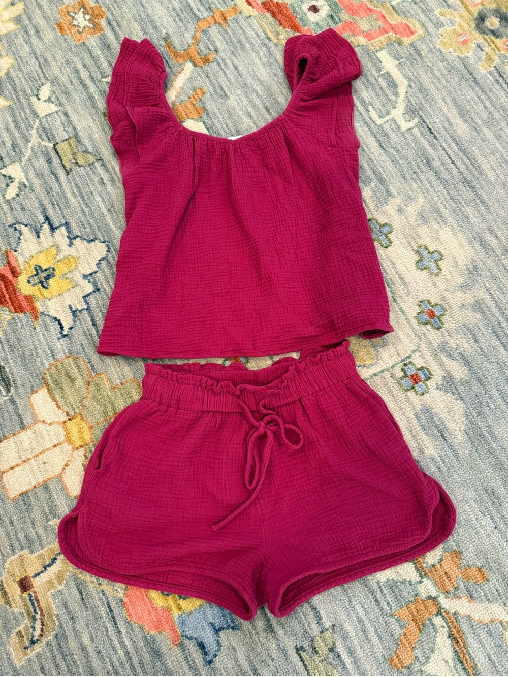 Women’s Magenta Gauze Ruffle Tank & Shorts Set lounge Victoria Dunn small
